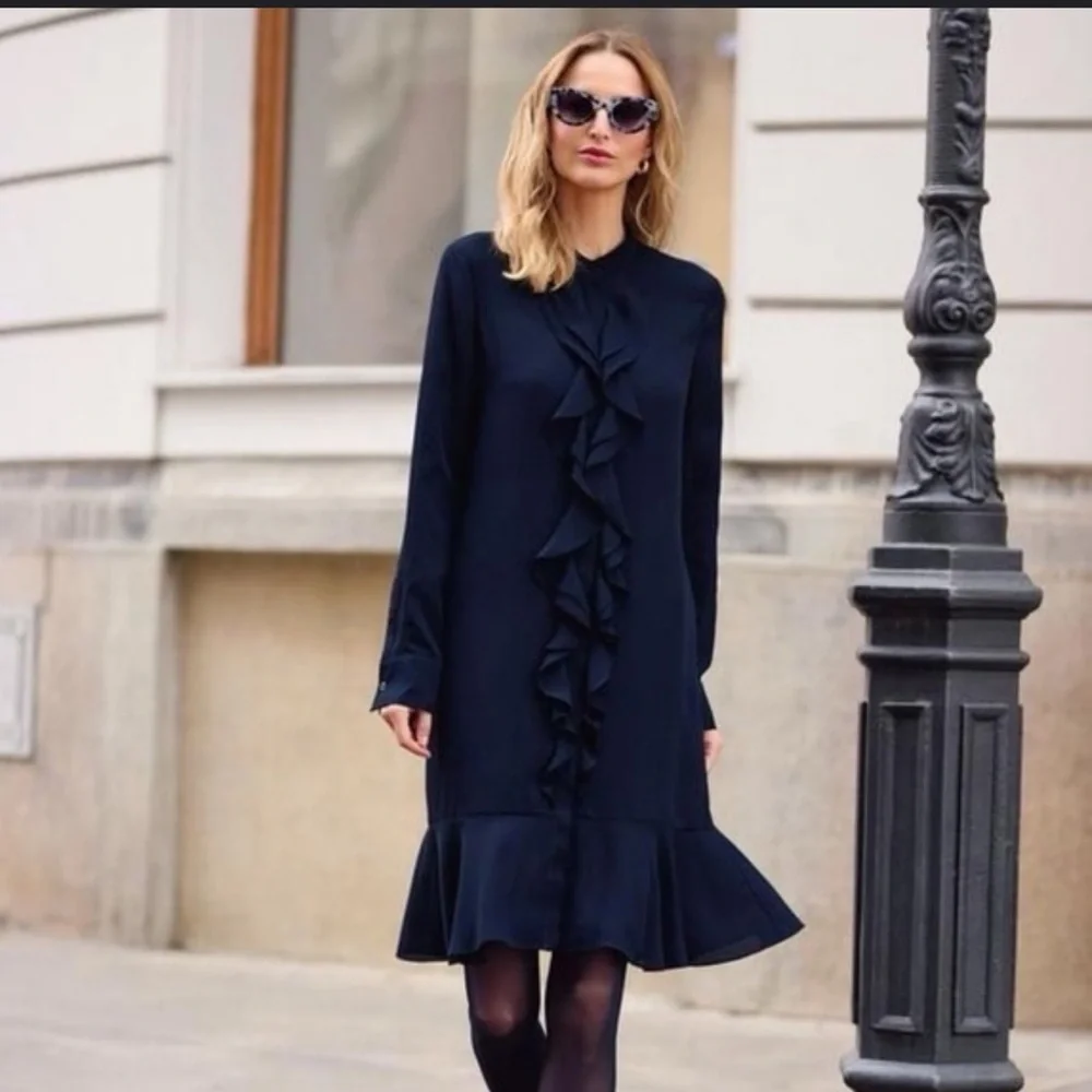 NWT TORY BURCH JANE RUFFLE NECK FLOUNCE HEM NAVY SHIFT DRESS SIZE  14